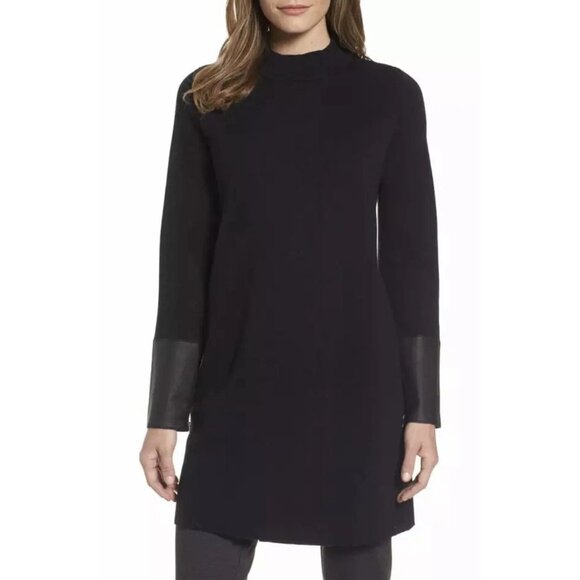 Eileen Fisher NEW Cardigan Sweater 100% Wool Leather Cuffs XL NWT Black Coat - Picture 1 of 13